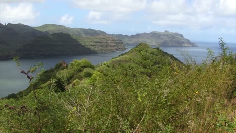 Overlooking-Houmi-bay-and-Comptroller-Bay,-Nuku-Hiva,-Marquesas-Islands,-French-Polynesia
