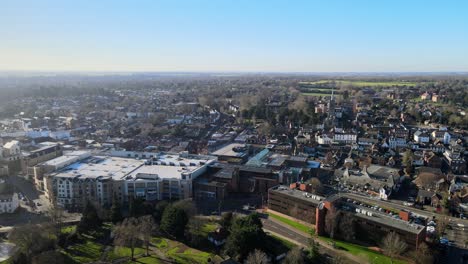 Bishop-Stortford-town-centre-Hertfordshire-UK-aerial-pan,-sunny-day