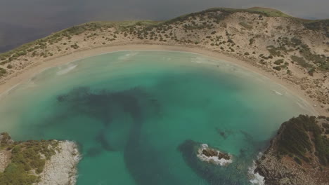 Aerial-view-of-beautiful-Voidokilia-Beach-on-west-Peloponnese-in-Greece