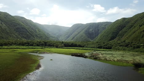 Low-aerial-of-stream-and-green-forested-hills-in-Pololu-Valley,-Hawaii