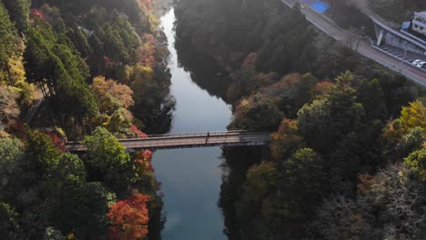 Beautiful-aerial-drone-tilt-up-over-ravine-with-fall-colors-and-bridge