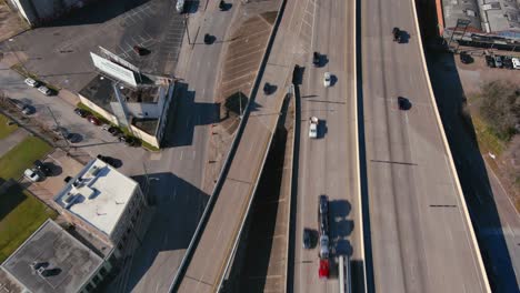 Birds-eye-view-of-cars-on-I-10-freeway-near-downtown-Houston