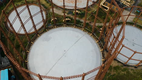 Ariel-view-of-the-top-of-the-old-decommissioned-Victorian-gas-holders-in-Bethnal-Green,-London