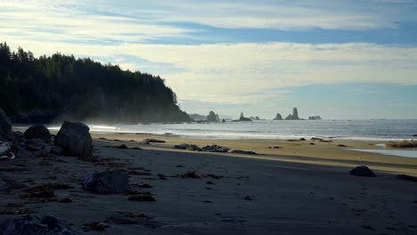 Der-Schöne-Dritte-Strand-In-Forks,-Washington,-Mit-Goldenem-Sand,-Großen-Klippen-Mit-Pinien-Und-Felsformationen-Im-Wasser-An-Einem-Warmen,-Sonnigen-Sommermorgen