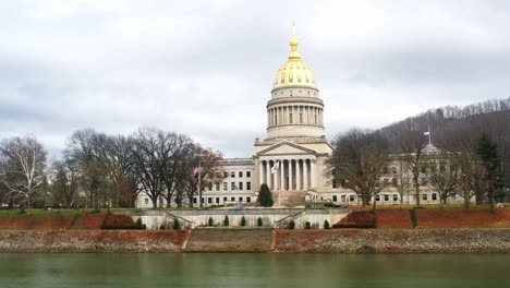 West-Virginia-state-capitol-in-Charleston-with-drone-video-moving-with-river-view