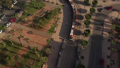 Aerial-view-of-a-tramway-arriving-to-the-station-in-Casablanca