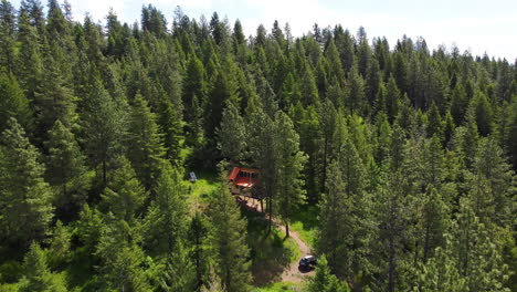 Drone-flying-over-a-treehouse-in-the-forest