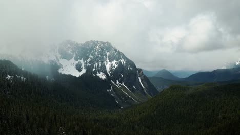 Impresionante-Pico-De-Montaña-Nevado-Y-Escarpado-Con-Un-Gran-Bosque-De-Pinos-Debajo-Del-Interior-Del-Monte
