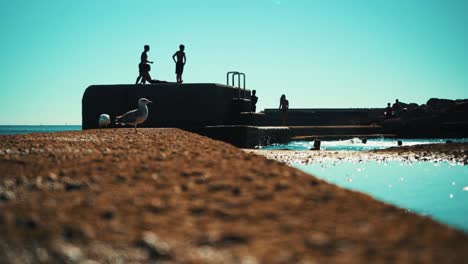 Salzwasserpool-An-Der-Küste-Mit-Silhouettenkindern,-Die-Bei-Sonnenschein-4k-Vom-Pier-Auf-Dem-Wasser-Springen