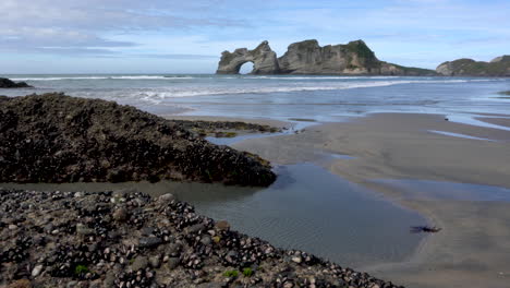 Wharariki-Beach-in-New-Zealand-with-mussels-on-foreground-rocks-and-sea-stacks-in-the-distance