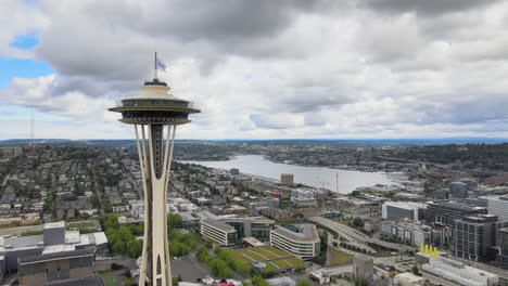 Scenic-views-of-the-city,-orbital-drone-footage-near-Space-Needle-Tower-in-Seattle,-WA