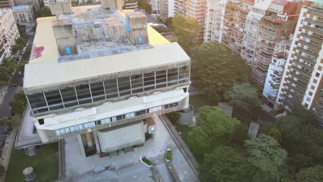 Aerial-lowering-on-brutalist-style-Buenos-Aires-National-Library-at-golden-hour-in-Recoleta-neighborhood