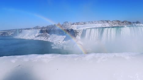 Gimbal-shot-of-Niagara-falls-during-winter-showing-rainbow-on-sunny-day