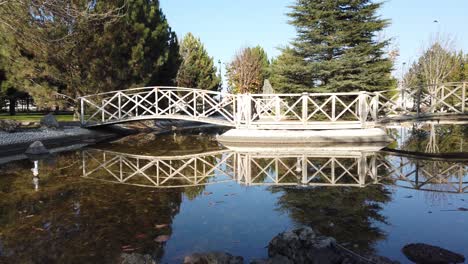 Puente-De-Madera-Blanca-Sobre-Estanque-Ornamental-En-El-Parque