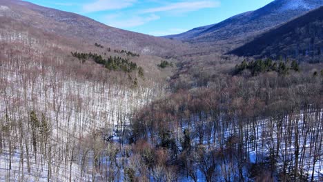 Aerial-drone-footage-of-a-snowy-mountain-valley-in-early-spring-on-a-sunny-day-in-the-Appalachian-Mountain-Range,-just-after-winter-ends-with-forests-and-snow-and-sunshine-and-blue-skies
