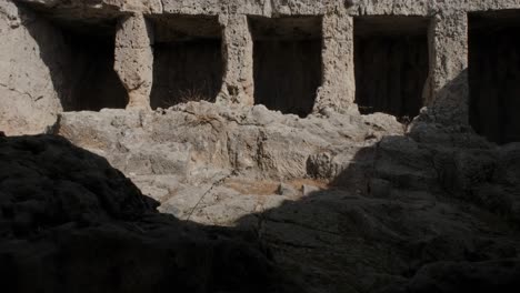Exterior-view-of-an-ancient-Roman-necropolis-in-Anavargos-Paphos,-Cyprus
