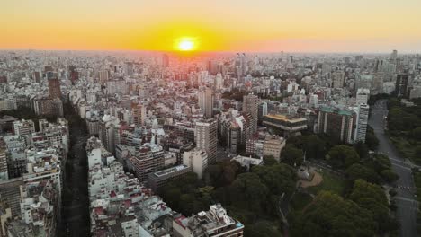 Aerial-flying-over-Recoleta-neighborhood-in-Buenos-Aires-at-sunset