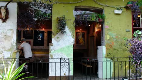 Sunlit-Historic-Ruin-Bars-in-the-heart-of-Budapest-in-Hungary,-Europe---Pubs-built-in-graffiti-covered-abandoned-and-war-torn-spaces,-indoor-plant-life