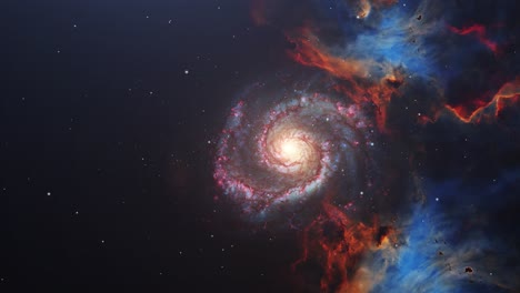 Spiralgalaxie-Und-Sich-Bewegende-Nebelwolken-Im-Dunklen-Universum