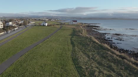 Man-running-on-grass-path-at-Atlantic-Ocean-coast-in-Iceland,-aerial