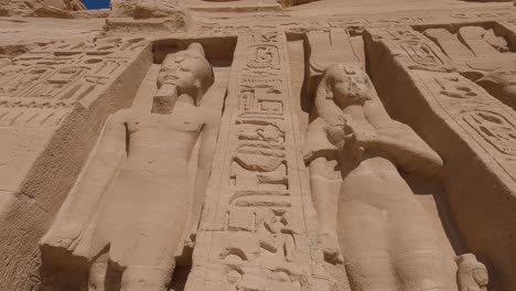 Beautiful-carved-statues-and-hieroglyphs-at-Abu-Simbel-temples,-Egypt