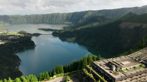 Fly-over-Monte-Palace-hotel-to-Sete-Cidades-lagoon-São-Miguel,-Azores