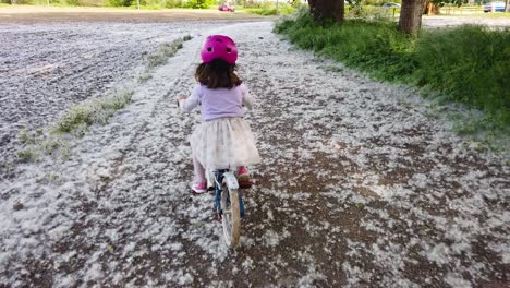Junges-Mädchen-Mit-Rosa-Helm-Rosa-Schuhe-Blaues-Fahrrad-Weißer-Tüllrock-Radfahren-Auf-Einer-Landstraße,-Die-Von-Weißen-Pollen-Und-Blüten-Von-Pappelbäumen-In-Mailand-Italien-Bedeckt-Ist
