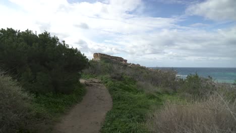Camino-Rodeado-De-Vegetación-Que-Conduce-A-Il-qarraba-En-Un-Ventoso-Y-Soleado-Día-De-Invierno-En-Malta