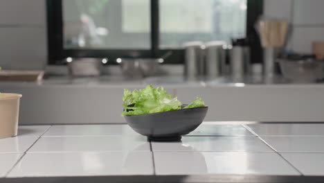 Hand-Placing-Fresh-Green-Lettuce-Leaves-Into-Ceramic-Bowl-With-Tongs