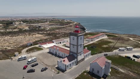 Aerial-orbit-around-lighthouse-of-Cabo-Carvoeiro,-civil-parish-of-Peniche
