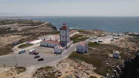 Lighthouse-of-Cape-Carvoeiro-in-Peniche,-sea-and-coastline-of-Portugal