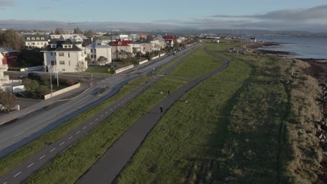 People-using-sidewalk-on-grassy-shore-of-Iceland-at-Reykjavik-suburbs,-aerial