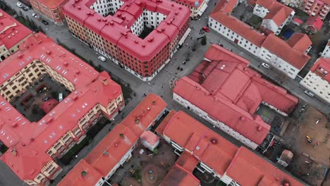 Aerial-Shot-Of-Vibrant-Coloured-Architecture-Of-Haga-In-Gothenburg,-Sweden