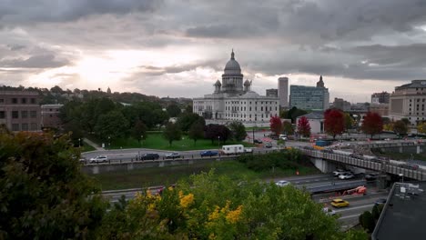 aerial-push-toward-state-capital-through-trees-in-providence-rhode-island