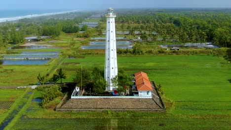 Scenic-aerial-view-white-lighthouse-on-Ketawang-beach-at-Java-coast,-Indonesia