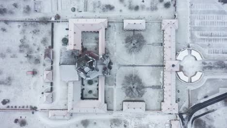 AERIAL:-Top-View-of-Pažaislis-Monastery-in-Winter-in-Kaunas