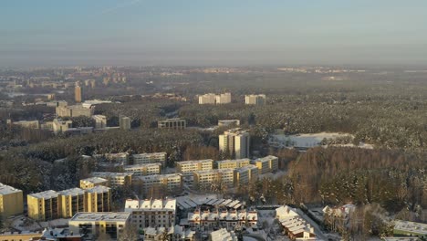 AERIAL:-Buildings-in-Forest-on-a-Cold-Bright-Warm-Looking-Day-in-Winter