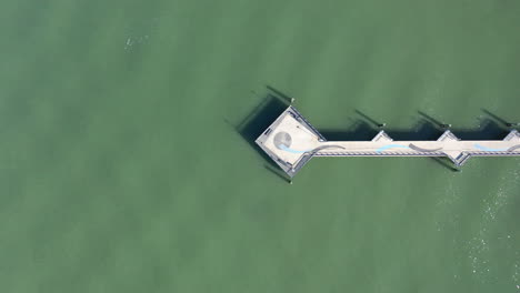 A-top-down-shot-over-a-pier-in-the-green-water-in-Red-Hook-Channel-on-a-sunny-morning