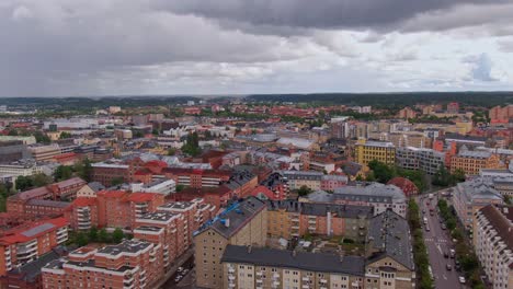 Majestic-moving-aerial-view-of-Norrkoping-downtown,-Sweden