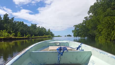 Overlooking-front-bow-of-small-motorboat-gliding-over-calm-waters-with-mangrove-tree-ecosystem-landscape-in-remote-tropical-island-of-Pohnpei,-Micronesia