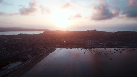 Dramatic-Sunset-Over-City-Of-Coquimbo-In-Chile-With-Famous-Third-Millennium-Cross-In-Distance