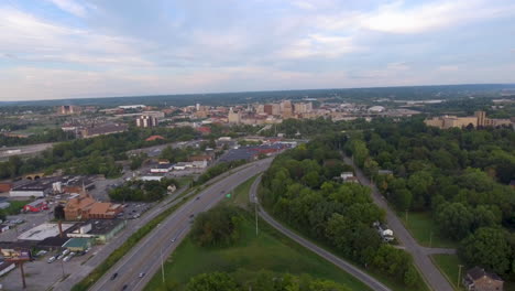 Panning-drone-shot-of-Downtown-on-a-summer-day-in-Youngstown-Ohio