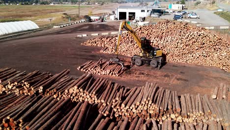 pan-right-zoom-drone-shot-of-a-log-loader-at-a-sawmill-moving-logs-on-wood-piles-in-a-desert-environment