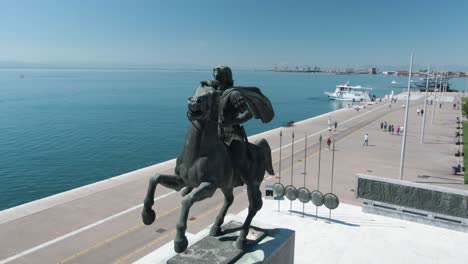 Drone-shot-of-the-Alexander-the-Great-Statue-in-Greece