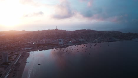 Coquimbo-Panoramic-View-During-Sunset-With-Cruz-Del-Tercer-Milenio-At-El-Vigía-Hill-In-Chile