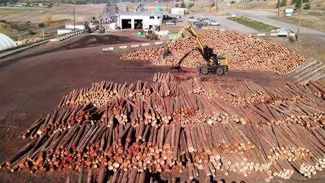 dolly-backwards-drone-shot-of-a-log-piles-at-a-sawmill-with-a-log-loader-in-the-background-in-a-desert-environment