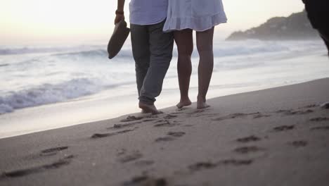 Slow-Motion-Handaufnahme-Eines-Verliebten-Paares-Bei-Einem-Romantischen-Strandspaziergang-Mit-Ihren-Hunden,-Die-In-Ruhigen-Wellen-Fußspuren-Im-Sand-Hinterlassen