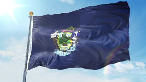 4k-3D-Darstellung-Der-Wehenden-Flagge-Auf-Einem-Mast-Des-Staates-Maine-In-Den-Vereinigten-Staaten-Von-Amerika