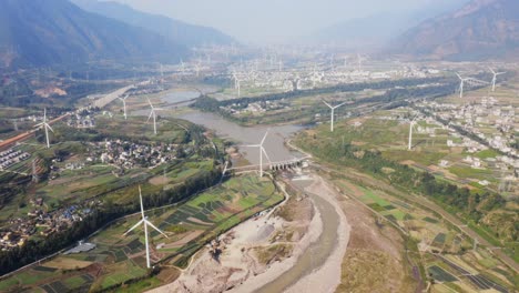 Drone-shots-of-a-large-Chinese-windfarm-located-in-the-valley-of-Sichuan