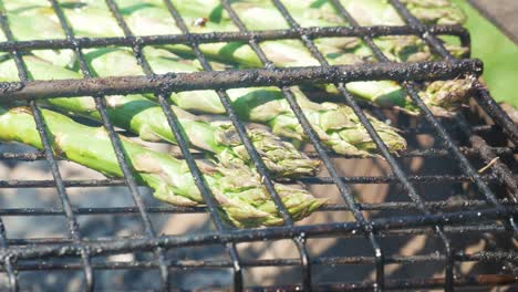 Close-up-view-of-asparagus-grilling-on-wood-burning-bbq